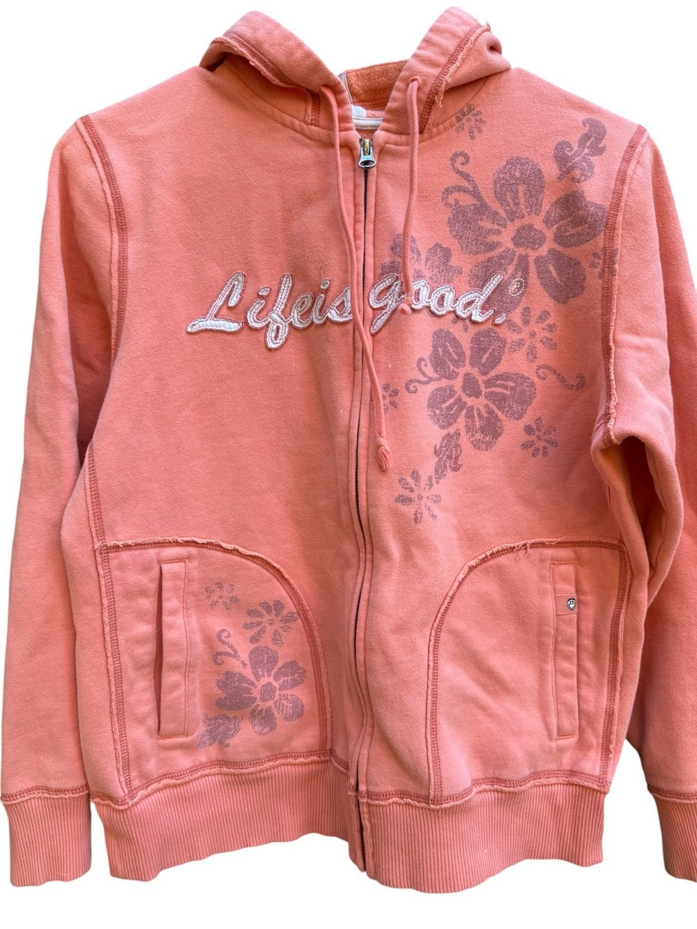 Life is Good Coral McBling Distressed Full Zip Hoodie Pink Floral Size Medium